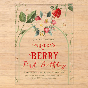 Invitations En Acrylique Thème Fraise Rouge Rustique Premier Anniversaire F