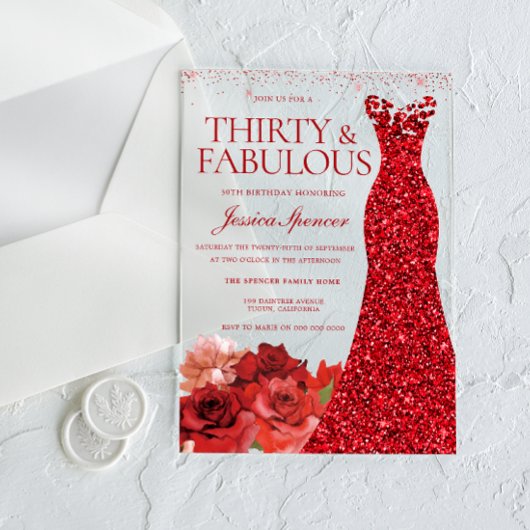 Invitations En Acrylique Thirty & Fabulous! Red Dress 30th Birthday Party
