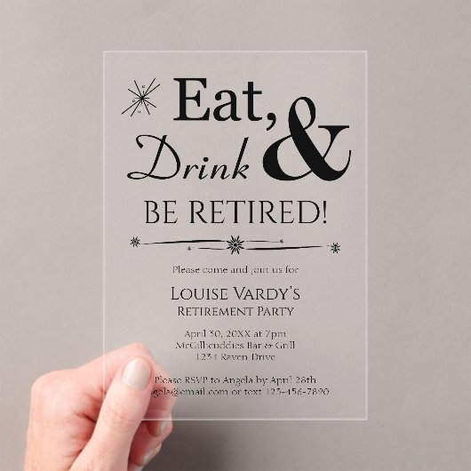 Invitations En Acrylique Throwback Eat Drink & Retire Retirement Party (In situ (ordinateur de poche))