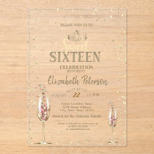 Invitations En Acrylique Tiara d'or, Diamants Champagne Glass Sweet 16