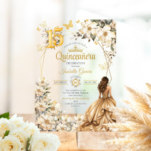 Invitations En Acrylique Tiara doré Fleurs Beige Papillons Quinceañera