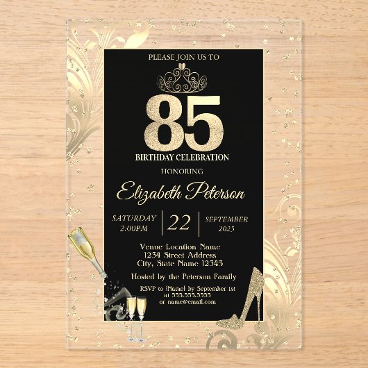 Invitations En Acrylique Tiara Parties scintillant Talons Diamants Tourbill (Recto)