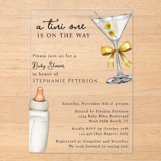 Invitations En Acrylique Tini One Est Sur Le Chemin Baby shower Martini Jau (Recto)