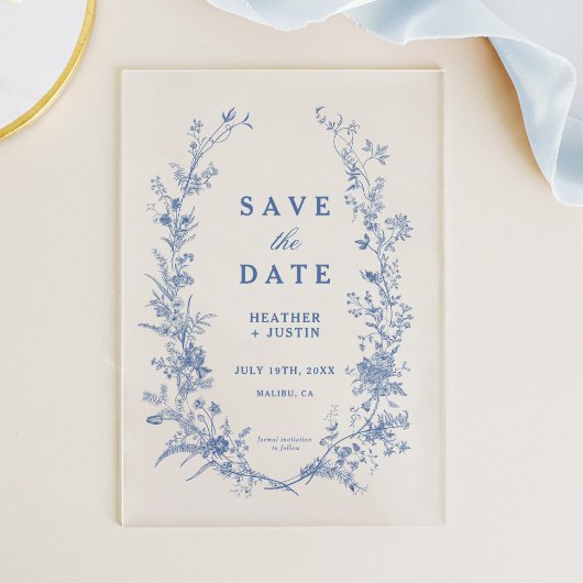 Invitations En Acrylique Toile Florale Bleue Enregistrer La Date
