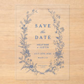 Invitations En Acrylique Toile Florale Bleue Enregistrer La Date (Recto)