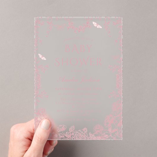 Invitations En Acrylique Toile rose Floral Chinoiserie Baby shower (In situ (ordinateur de poche))