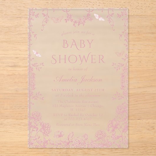 Invitations En Acrylique Toile rose Floral Chinoiserie Baby shower (Recto)