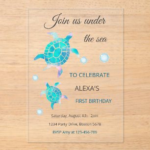 Invitations En Acrylique Tortue sous l'eau Aquarelle 1er Anniversaire