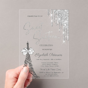 Invitations En Acrylique  Tour Eiffel à ruban gouttes de paillettes Bleu Sw