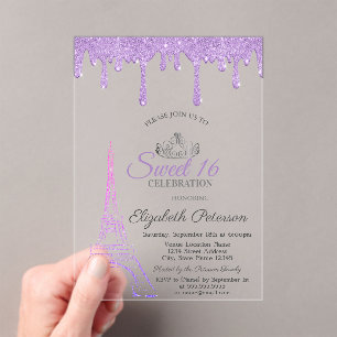 Invitations En Acrylique Tour Eiffel de Paris, gouttes violettes Sweet 16