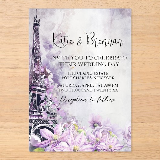 Invitations En Acrylique Tour Eiffel Lavender Romance Mariage (Recto)