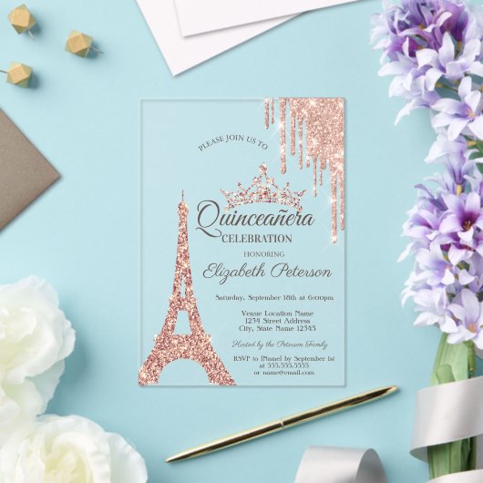 Invitations En Acrylique Tour Eiffel Paris, Rose Drift Gold Quinceañera (Insitu (Mariage))