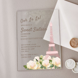 Invitations En Acrylique Tour Eiffel rose vif Blanc Floral Sweet 16