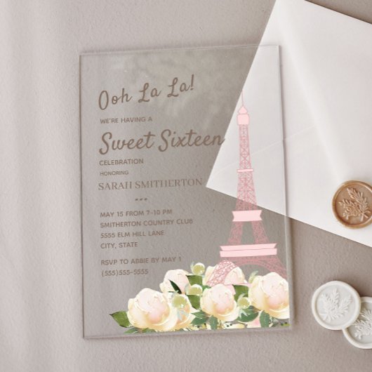 Invitations En Acrylique Tour Eiffel rose vif Blanc Floral Sweet 16