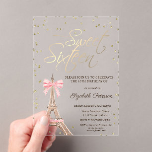 Invitations En Acrylique Tour Eiffel Ruban Or Diamants Noir Sweet 16