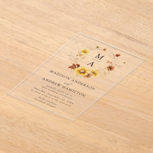 Invitations En Acrylique Tournesols rustiques et Mariage de monogramme Fleu (Poser)
