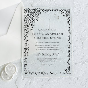 Invitations En Acrylique Tout en un noir minimaliste Mariage feuille