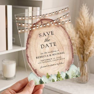 Invitations En Acrylique Tranche de bois de forêt de pins Enregistrer la da