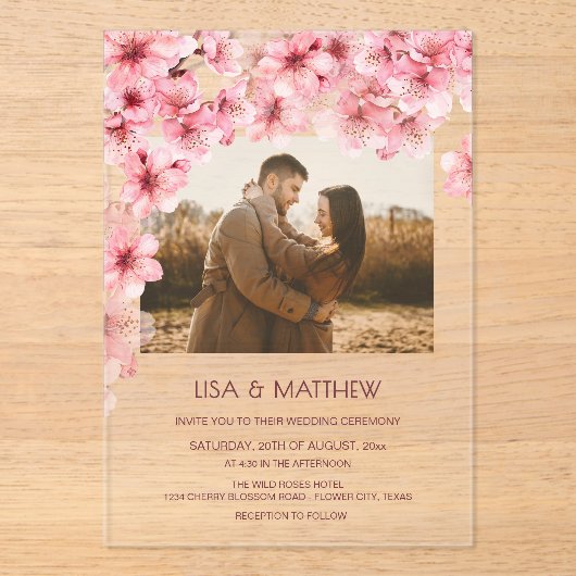 Invitations En Acrylique  Transparent Cherry Blossom Photo Wedding (Recto)
