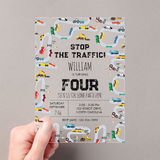 Invitations En Acrylique Transport Voitures Camions Arrêt Trafic Anniversai (In situ (ordinateur de poche))