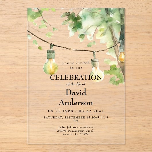 Invitations En Acrylique Tree & Lights Celebration of Life (Recto)