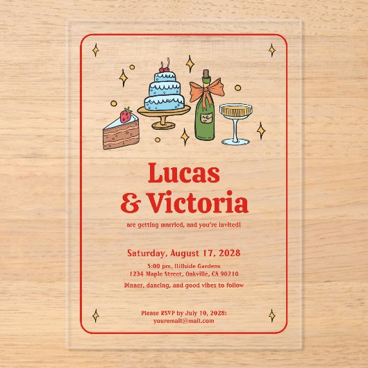 Invitations En Acrylique Trendy Hand Drawn Bold Red Whimsical Wedding (Recto)