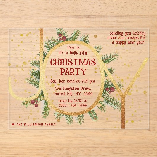 Invitations En Acrylique Trendy Joy Pine Boughs Wreath Christmas Party (Recto)