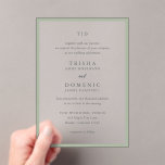 Invitations En Acrylique Trisha Sage Green Mariage moderne<br><div class="desc">Invitations de mariage modernes avec un design propre avec des polices serif et script.</div>