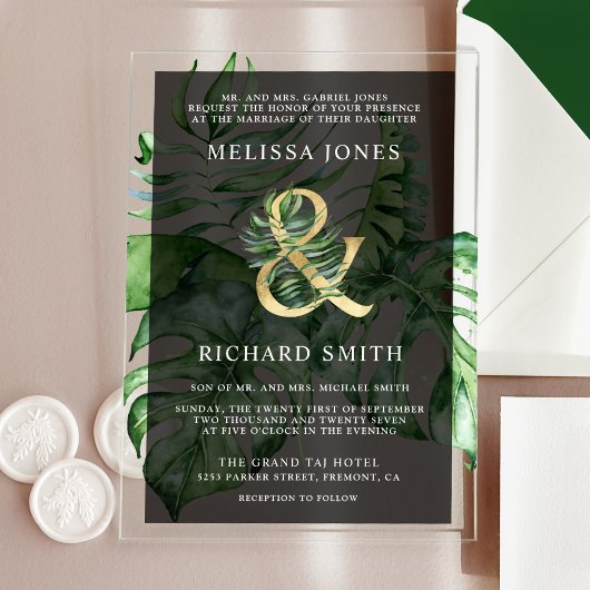 Invitations En Acrylique Tropical Gold Monstera Palm Black Wedding 