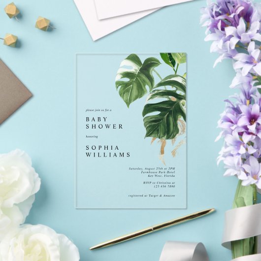 Invitations En Acrylique Tropical Greenery Leaves Modern Baby Shower (Insitu (Mariage))