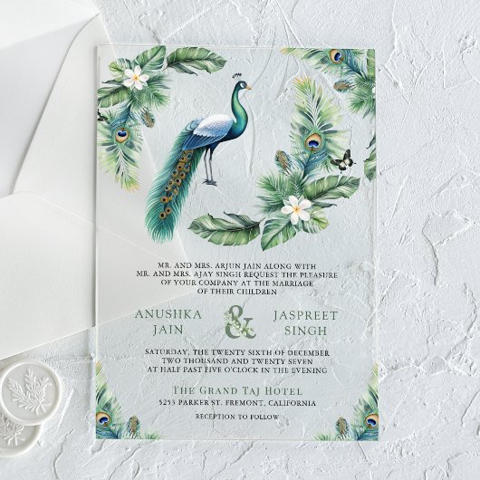 Invitations En Acrylique Tropical Indian Peacock Floral Wedding