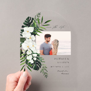 Invitations En Acrylique Tropical Palm & Fleur Blanche Photo Enregistrer la