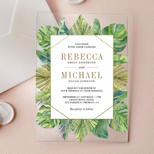 Invitations En Acrylique Tropical Palm Leaves Gold Wedding