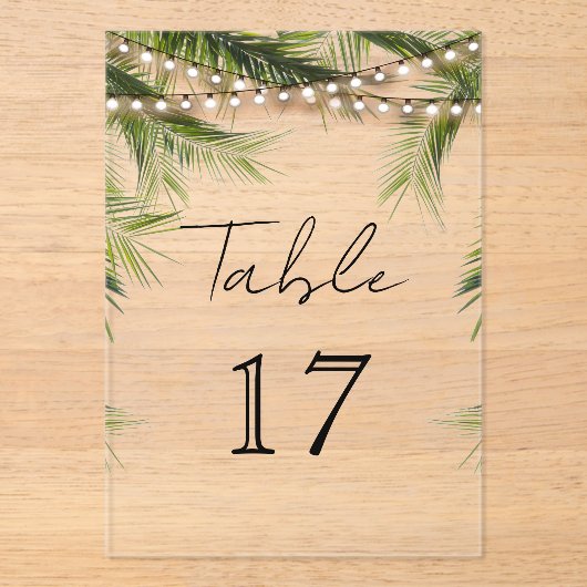 Invitations En Acrylique Tropical String Light Wedding Acrylic Table Number (Recto)