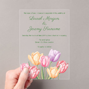 Invitations En Acrylique Tulipes de mariage de printemps aquarelle colorée
