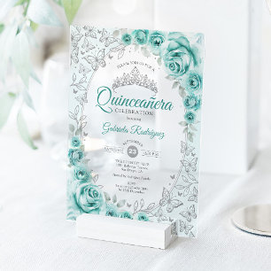 Invitations En Acrylique Turquoise Argent Floral Quinceanera