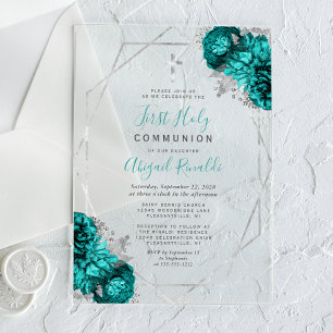 Invitations En Acrylique Turquoise Bleu Floral Argent Frame Première Sainte