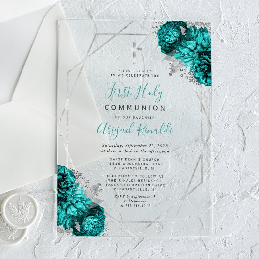 Invitations En Acrylique Turquoise Bleu Floral Argent Frame Première Sainte
