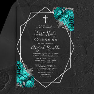 Invitations En Acrylique Turquoise Blue Floral Silver Texte Première Sainte