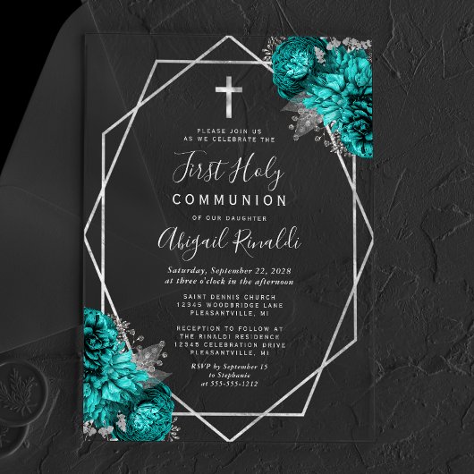 Invitations En Acrylique Turquoise Blue Floral Silver Texte Première Sainte