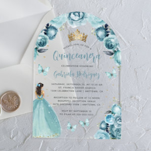 Invitations En Acrylique Turquoise Fleurs Roses Aquarelle Quinceañera