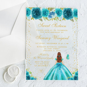Invitations En Acrylique Turquoise Floral Brown Cheveux Princesse Sweet six