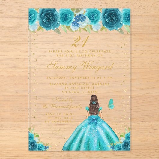Invitations En Acrylique Turquoise Floral Brunette Hair Princesse Anniversa (Recto)