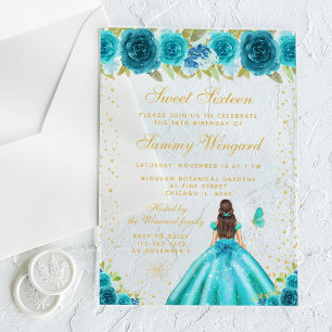 Invitations En Acrylique Turquoise Floral Brunette Hair Princesse Sweet six