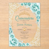 Invitations En Acrylique Turquoise Gold Floral Quinceanera (Recto)