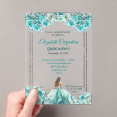 Invitations En Acrylique Turquoise Quinceañera Roses et papillons en argent (In situ (ordinateur de poche))