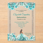 Invitations En Acrylique Turquoise Quinceañera Roses et papillons en argent (Recto)