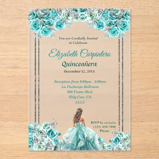Invitations En Acrylique Turquoise Quinceañera Roses et papillons en argent (Recto)