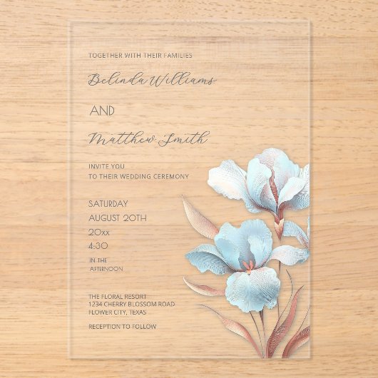 Invitations En Acrylique Turquoise Rose Gold Fleurs 3D Blanches (Recto)