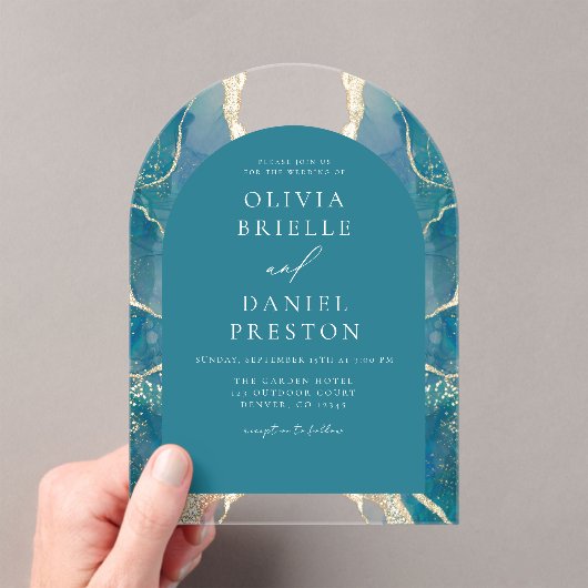 Invitations En Acrylique Turquoise Turquoise Blue Gold Agate Mariage élégan (In situ (ordinateur de poche))